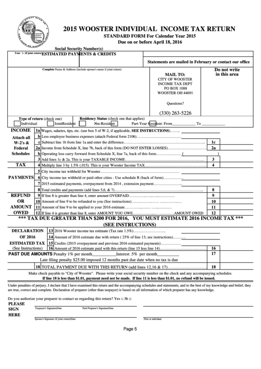 Fillable Wooster Individual Tax Return 2015 printable pdf download