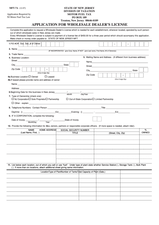 Form Mft7a Application For Wholesale Dealer'S License 1997