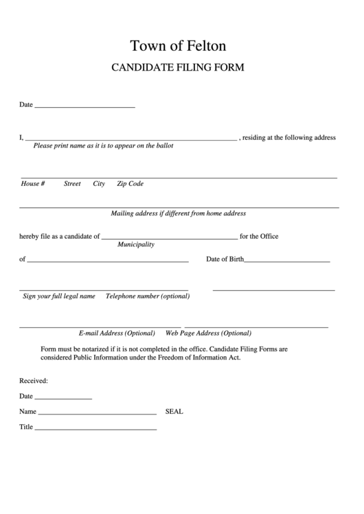Candidate Filing Form Town Of Felton printable pdf download