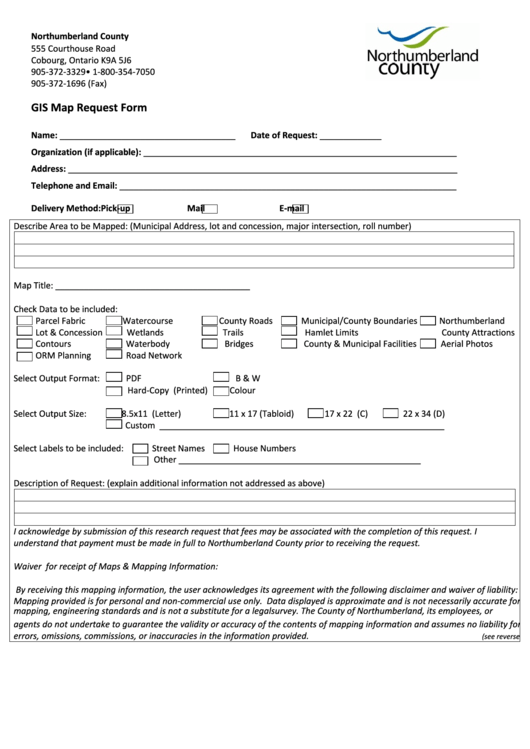 Gis Map Request Form Northumberland County printable pdf download