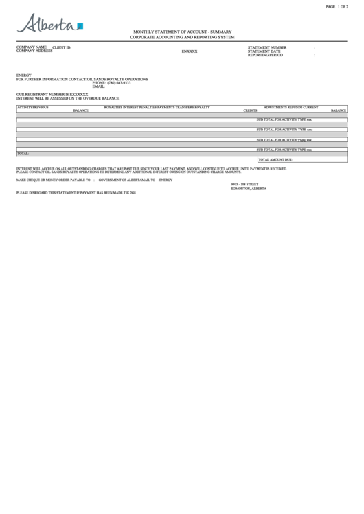 Monthly Statement Of AccountSummary Form Alberta printable pdf download