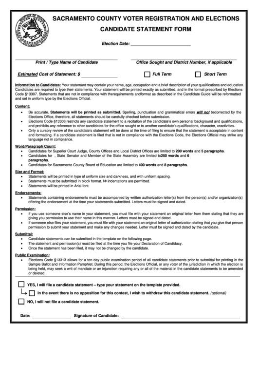 Fillable Sacramento County Voter Registration And Elections Candidate
