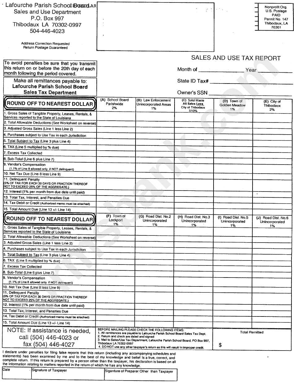 Sales And Use Tax Report Lafourche Parish printable pdf download