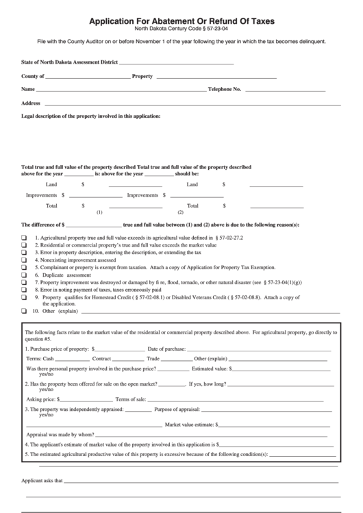 Fillable Application For Abatement Or Refund Of Taxes State Of North