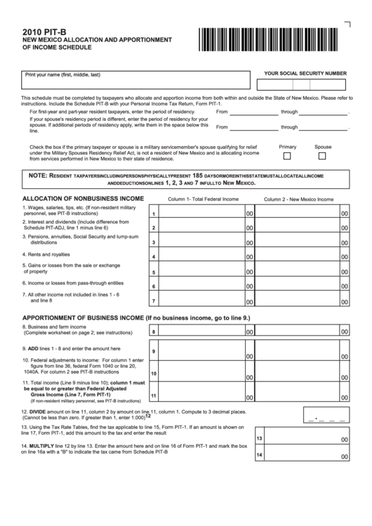 Form PitB New Mexico Allocation And Apportionment Of