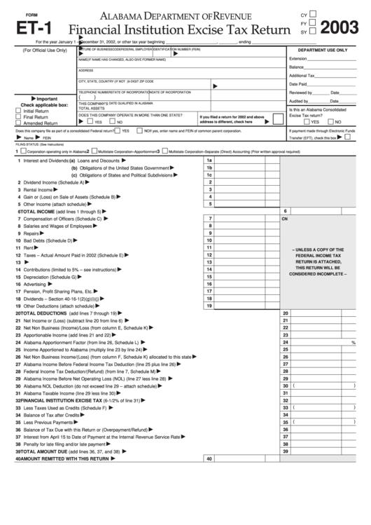 Form Et1 Financial Institution Excise Tax Return Alabama