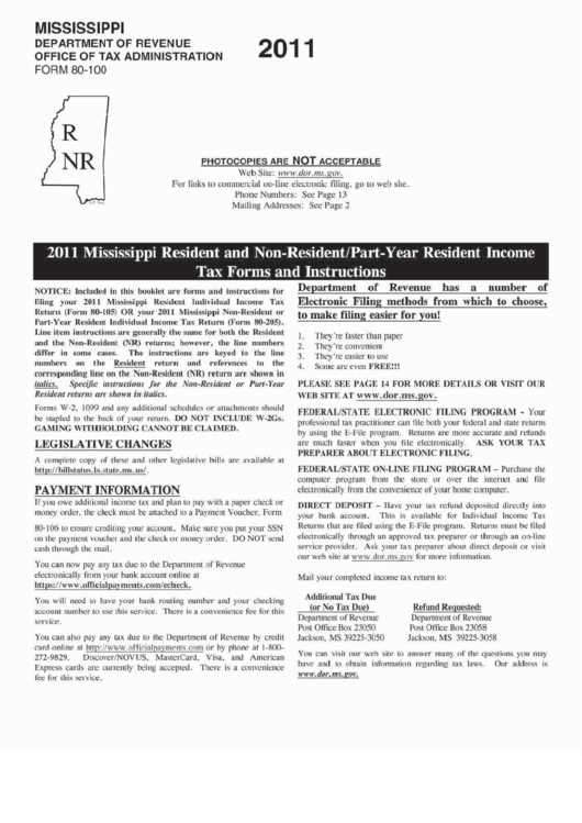 Form 80100 Mississippi Resident And NonResident/partYear Resident