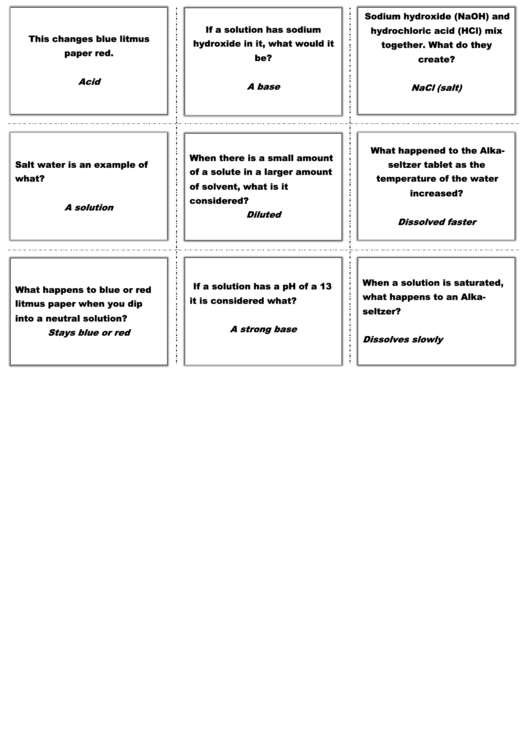 Chemistry Quiz Cards Template (With Answers) printable pdf download