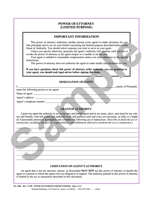 Form E34l Sample Power Of Attorney (Limited Purpose) 2009 printable