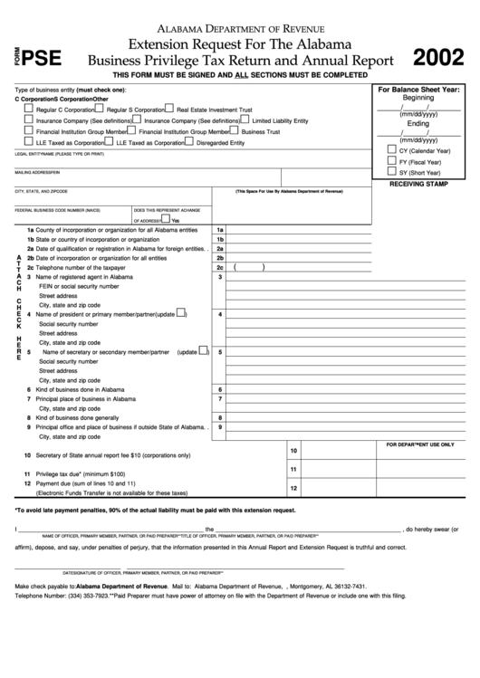 Form Pse Extension Request For The Alabama Business Privilege Tax