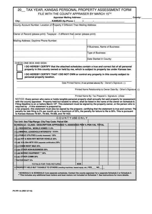 Fillable Form PvPp1a Kansas Personal Property Assessment Form