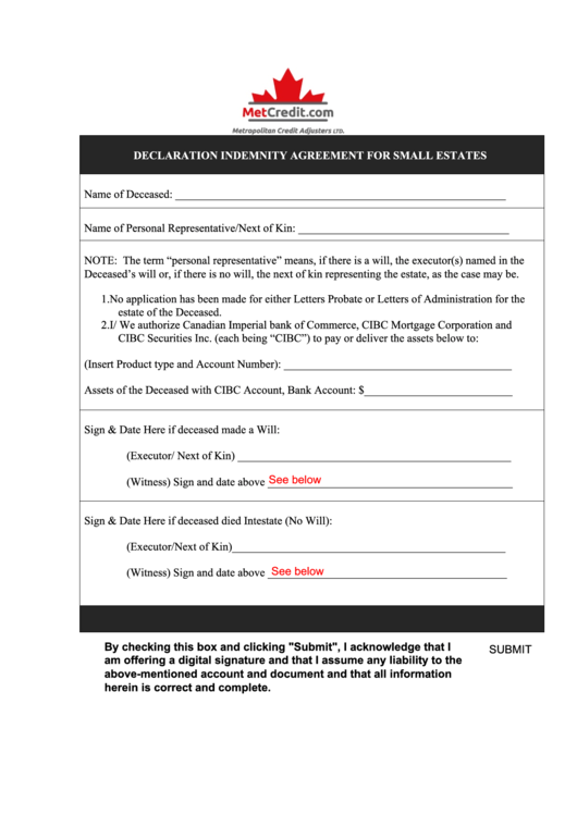 Fillable Declaration Indemnity Agreement For Small Estates printable