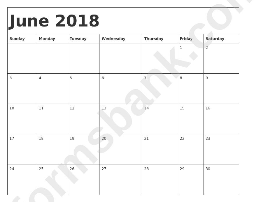 June 2018 Calendar Template printable pdf download