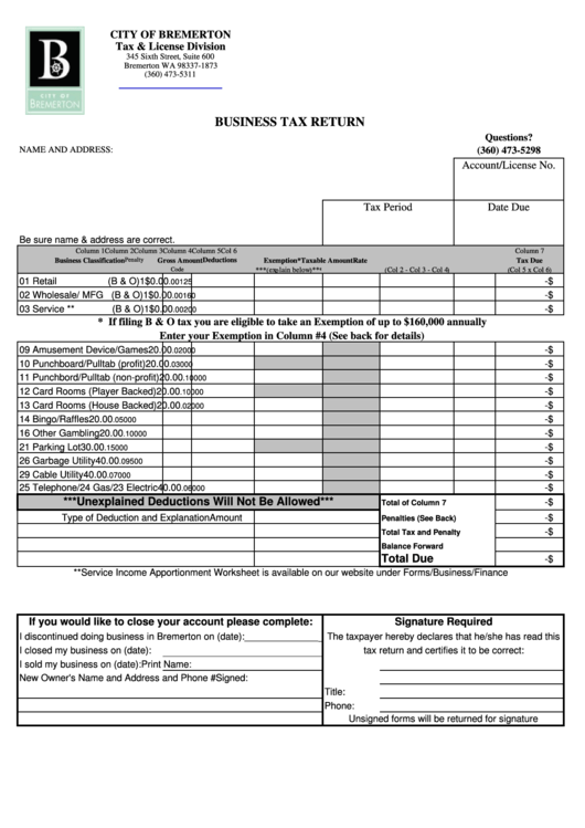 Business Tax Return City Of Bremerton printable pdf download