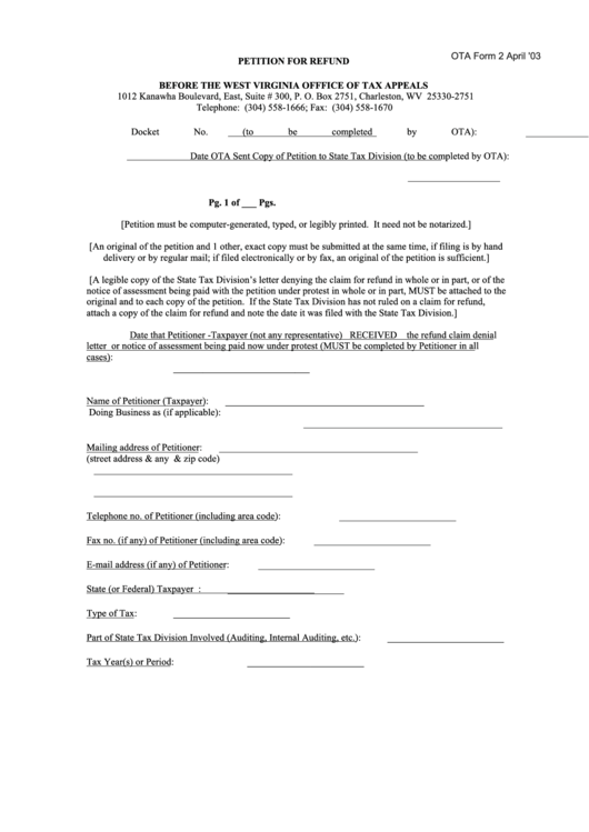 Ota Form 2 Petition For Refund West Virginia Offfice