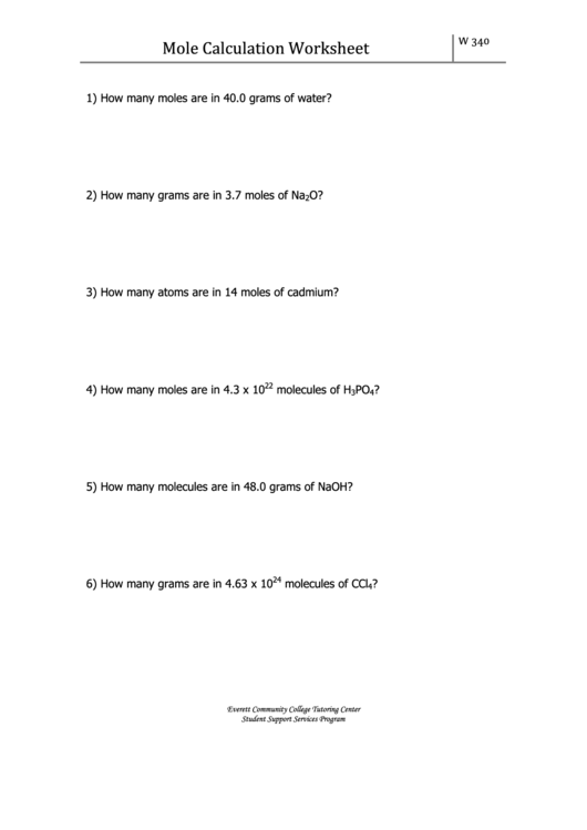 Mole Calculation Worksheet With Answers printable pdf download