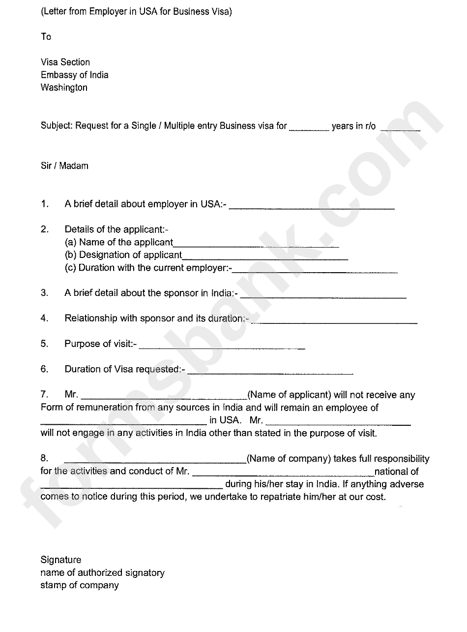 Letter From Employer In Usa For Business Visa printable pdf download