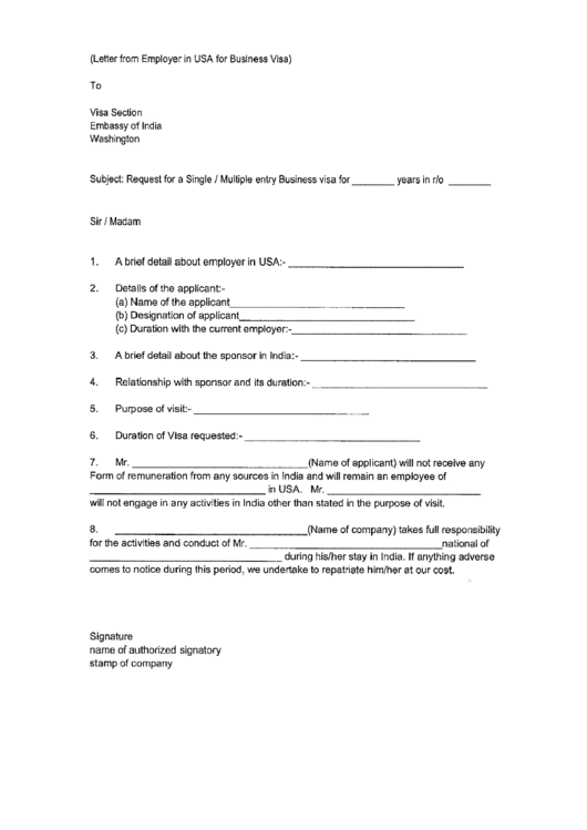 Letter From Employer In Usa For Business Visa printable pdf download