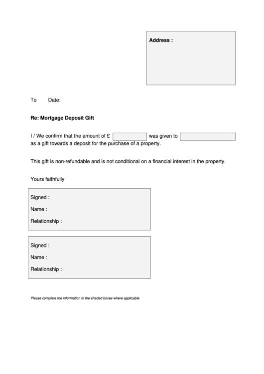 Mortgage Deposit Gift Letter Template printable pdf download