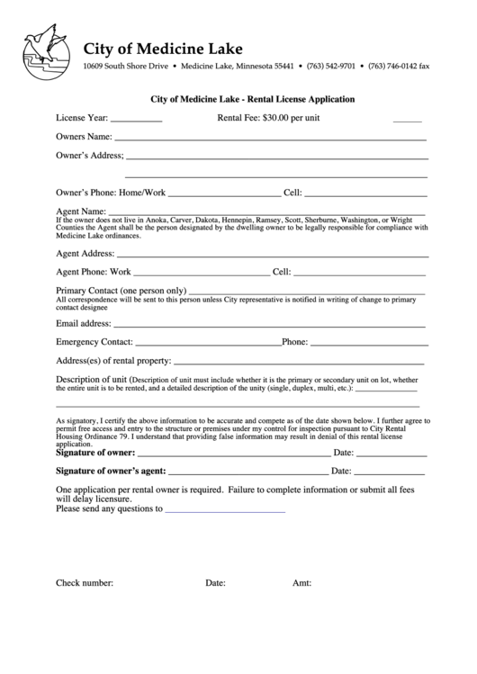 Fillable Rental License Application City Of Medicine Lake printable