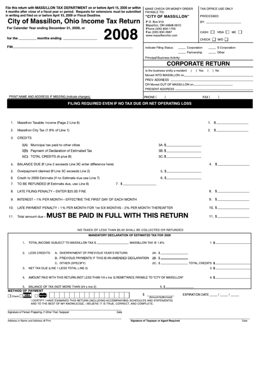 Ohio Tax Return City Of Massillon 2008 printable pdf download