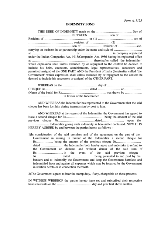 Form A. 1125 Indemnity Bond printable pdf download
