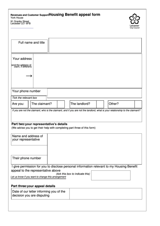 Housing Benefit Appeal Form printable pdf download