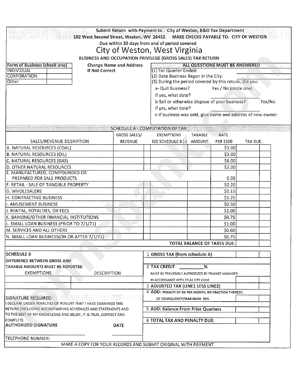 Fillable Business And Occupation Privilege (Gross Sales) Tax Return City Of Weston printable