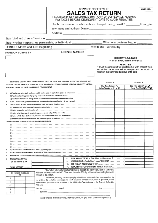 Sales Tax Return Town Of Coffeeville State Of Alabama printable pdf