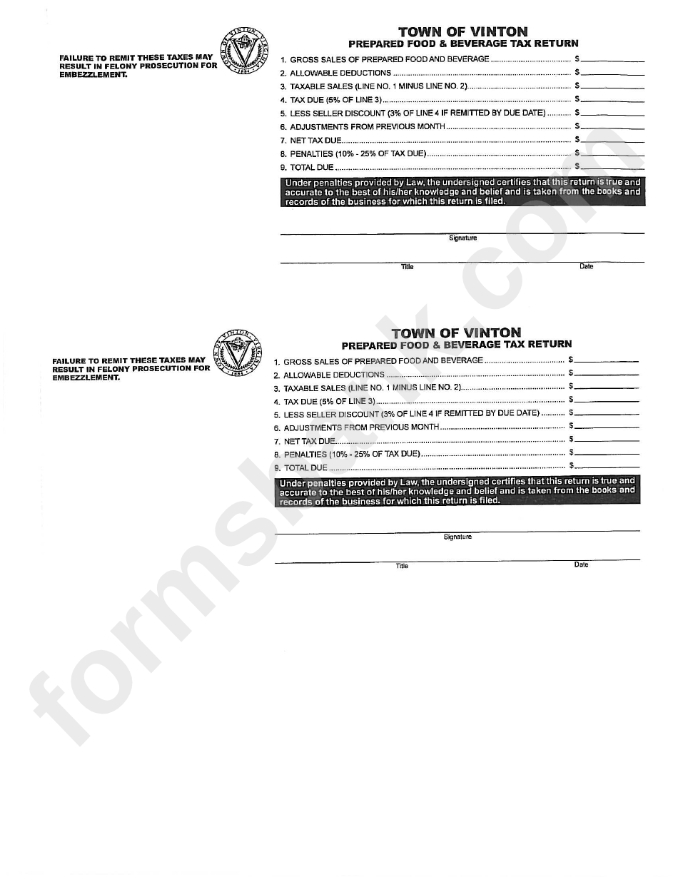 Prepared Food & Beverage Tax Return Town Of Vinton State Of