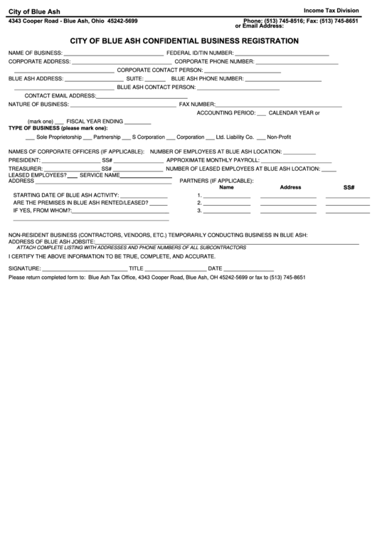Fillable Confidential Business Registration City Of Blue Ash Ohio Tax Division