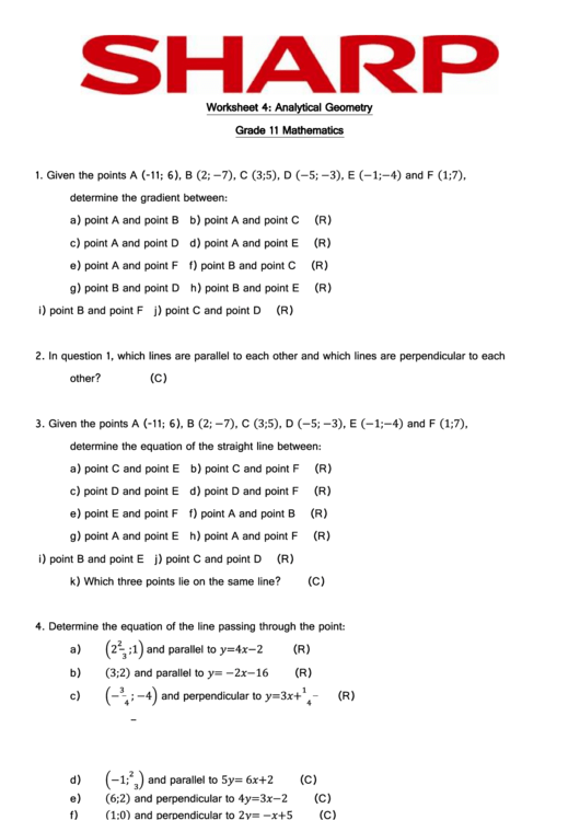 Analytical Geometry Worksheet printable pdf download