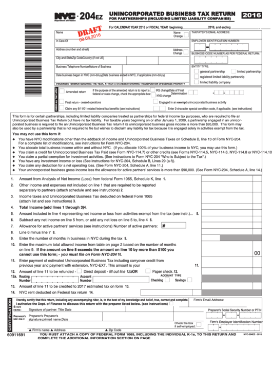 Form 204ez Draft Unincorporated Business Tax Return For Partnerships