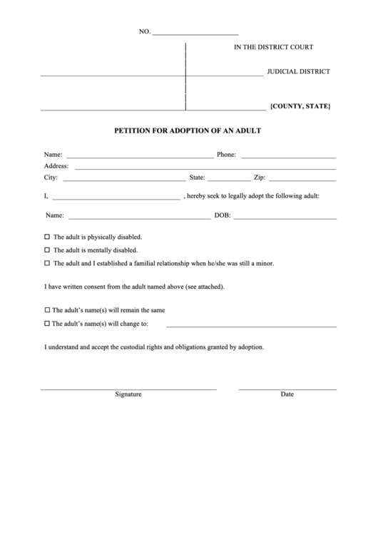 Petition For Adoption Of An Adult printable pdf download