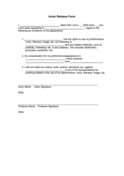 Actor Release Form printable pdf download