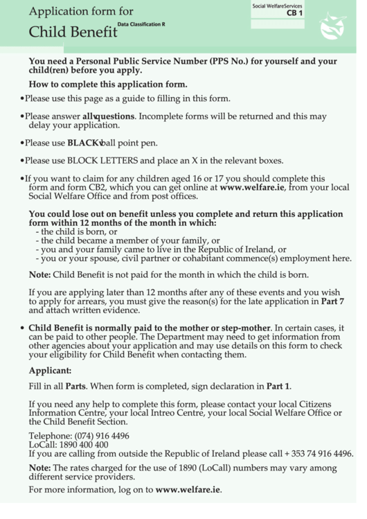 Form Cb 1 Application Form For Child Benefit printable pdf download