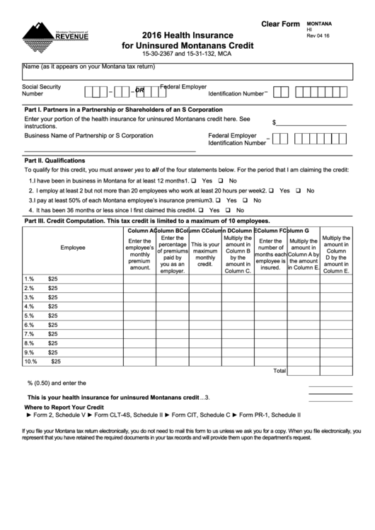 Fillable Form Hi Health Insurance For Uninsured Montanans Credit