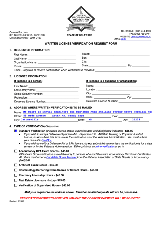 Fillable Written License Verification Request Form Delaware Division
