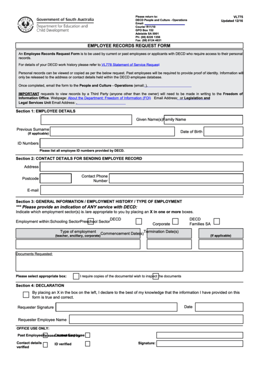 Fillable Form Vl775 Employee Records Request Form printable pdf download