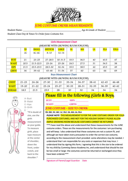 June Costume Order Measurements Form printable pdf download