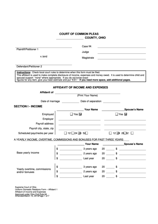 Affidavit Of And Expenses Ohio Court Of Common Pleas printable