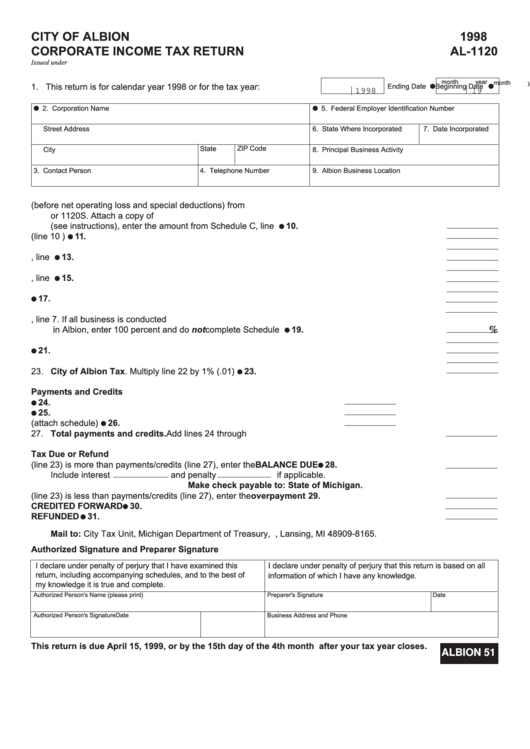 Fillable Form Al1120 Corporate Tax Return City Of Albion