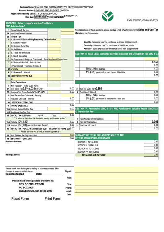 Fillable Sales, Lodger'S And Use Tax Return Form City Of Englewood 2015 printable pdf download