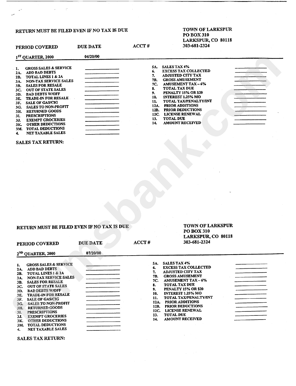 Sales Tax Return Form Town Of Larkspur 2000 printable pdf download