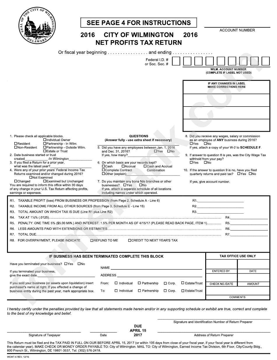 Form Wcwt6 City Of Wilmington Net Profits Tax Return 2016