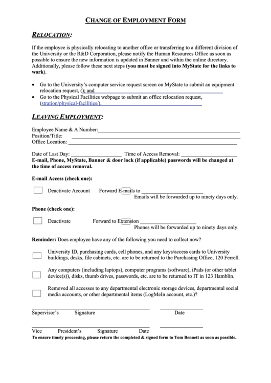 Fillable Employee Employment Change Form Human Resources Office