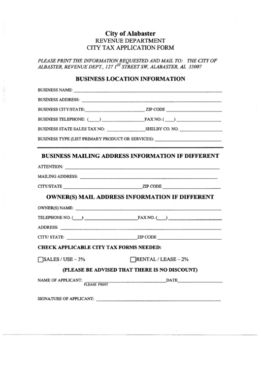 Alabaster City Tax Application Form printable pdf download