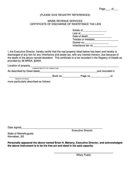 Maine Revenue Services Certificate Of Discharge Of Inheritance Tax Lien