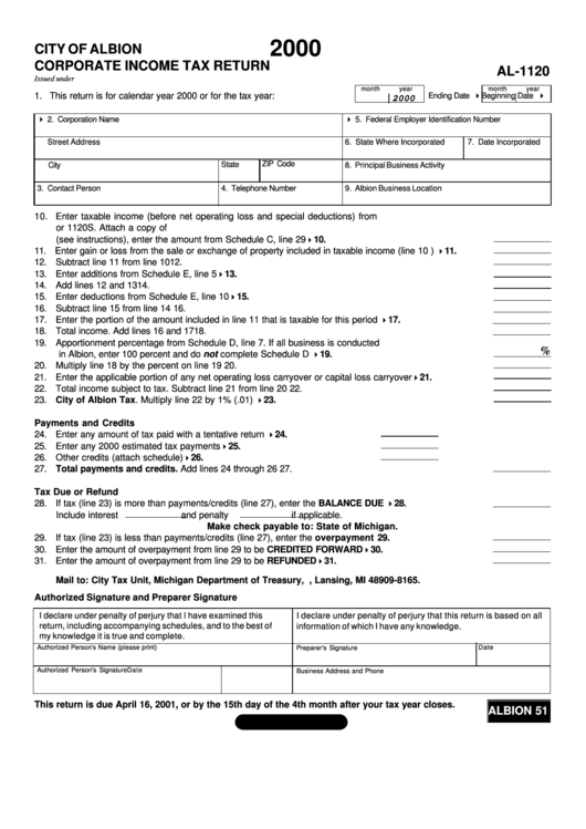 Form Al1120 Corporate Tax Return City Of Albion 2000
