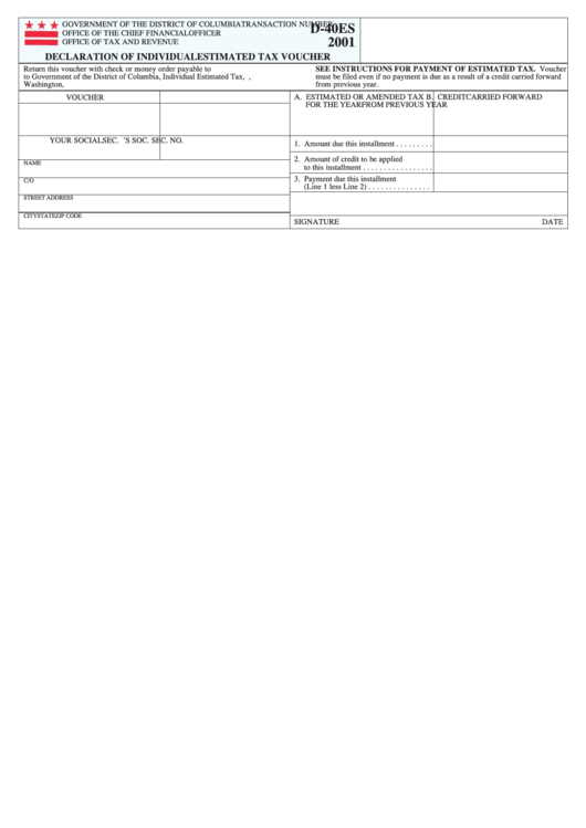 Form D40es Declaration Of Individual Estimated Tax Voucher 2001 printable pdf download